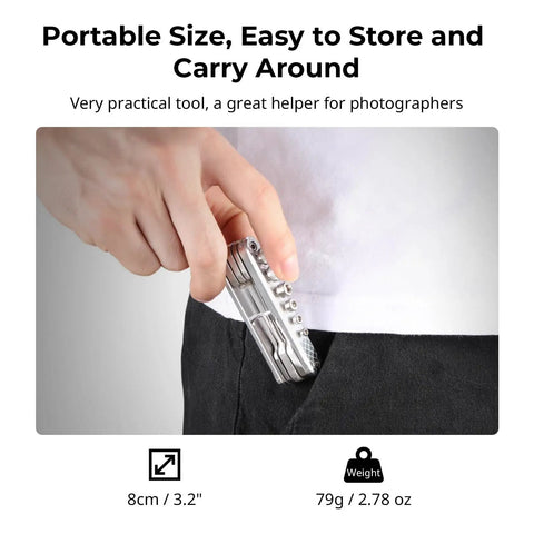 Compact Seven Tool Folding Set With Screwdrivers And Hex Keys For Photographers On The Go shown being stored in a pocket.