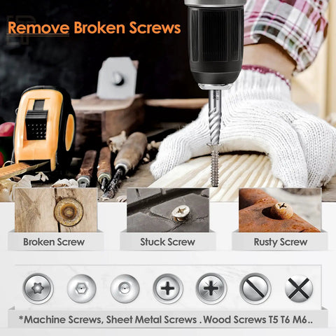 Grab The Ultimate 18-Piece Bolt Extractor Kit With Left Hand Drill Bits To Fix Stuck Stripped Screws Super Easy And Save Your Backtime No More Broken Tools Allowed showing drill bit removing a rusty screw