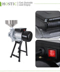 Workhorse Wet And Dry Grain Mill Grinder With Funnel 110V Electric Grain Crusher showing side view and power switch close-up