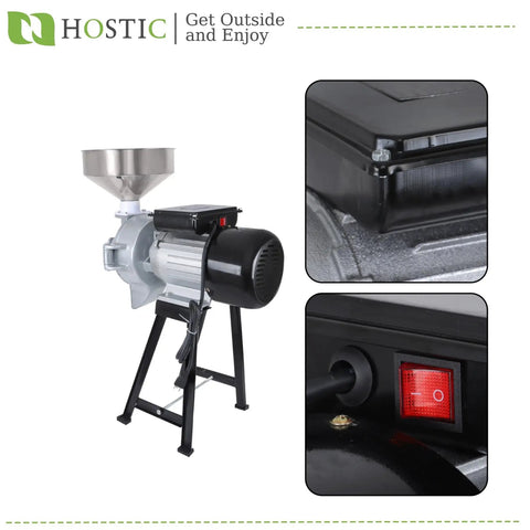 Workhorse Wet And Dry Grain Mill Grinder With Funnel 110V Electric Grain Crusher showing side view and power switch close-up