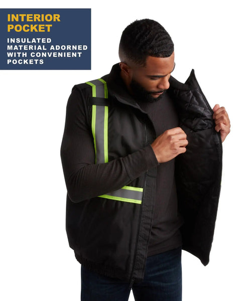 Hi Vis Yellow Insulated Safety Vest For Men With Reflective Tape Construction Workwear High Visibility Vest For Cold Weather Large Size Durable with interior pocket displayed