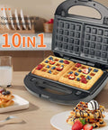 Beat The Morning Rush With This 10 In 1 Breakfast Maker With Nonstick Plates showing waffles with berries and syrup