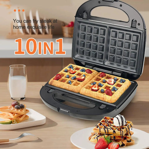 Beat The Morning Rush With This 10 In 1 Breakfast Maker With Nonstick Plates showing waffles with berries and syrup