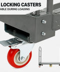 Hella Sturdy Platform Truck With 2000 Pound Capacity And Smooth Six Wheel Rolling Durable Steel Deck Material Handling Cart close-up of locking caster for stability