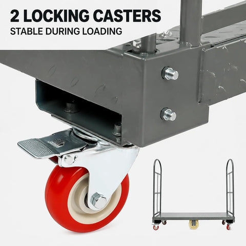 Hella Sturdy Platform Truck With 2000 Pound Capacity And Smooth Six Wheel Rolling Durable Steel Deck Material Handling Cart close-up of locking caster for stability