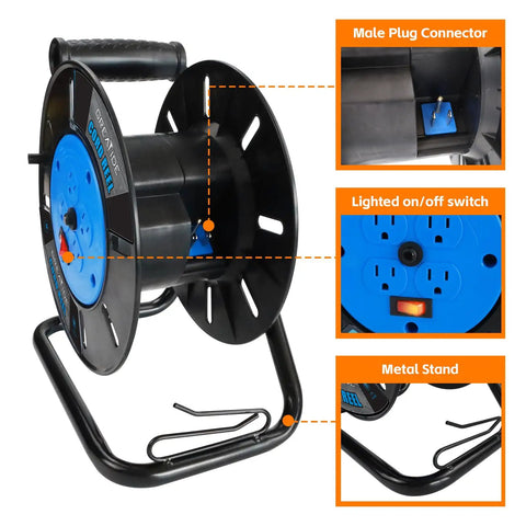 Heavy Duty Extension Cord Reel with Four Grounded Outlets and 10A Circuit Breaker, Retractable Wind, rocker power switch, open cord reel