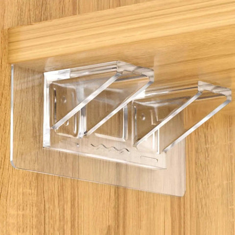Clear plastic Heavy Duty Shelf Pegs With Self Adhesive Brackets For Kitchen Cabinets No Drill Install Shelf Clips mounted on wood.