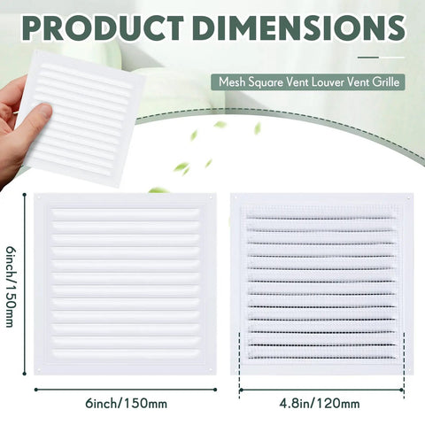 4 Pack 6X6 Inch Heavy Duty Aluminum Attic And Gable Wall Vents With Mesh Guard showing product dimensions and design.