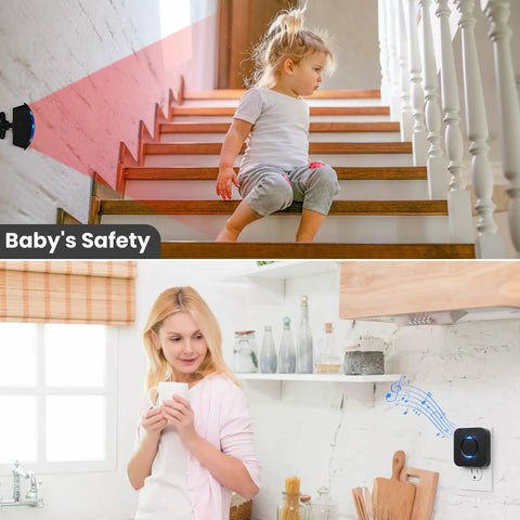 Motion Sensor LED Light With Wireless Alarm Chimes And 500 Ft Range alerting as child climbs stairs and in kitchen scenario