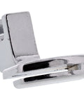 Close-up of chrome sewable shirring gathering presser foot for low-shank sewing machines, used to create soft ruffles.