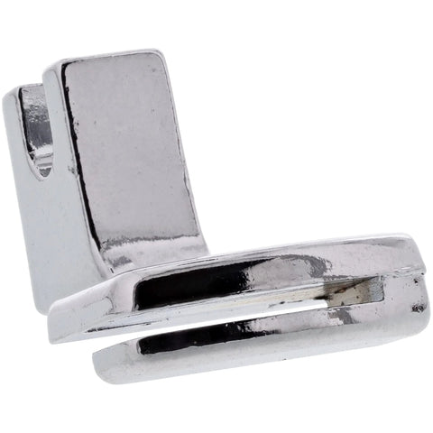 Close-up of chrome sewable shirring gathering presser foot for low-shank sewing machines, used to create soft ruffles.