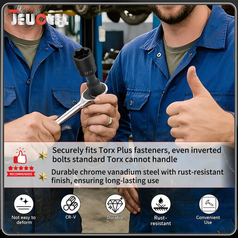 Two mechanics demonstrating Heavy Duty One Half Drive Ep24 E Torx Plus Socket on a ratchet, showcasing solid grip on fasteners.