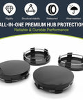 4 Pack Snap On Car Wheel Hub Center Caps Featuring Tight Stainless Steel Clips And A Sleek Black ABS Build, showcasing premium hub protection and durability.