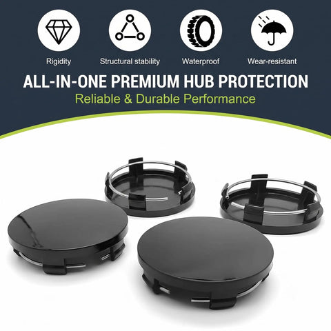 4 Pack Snap On Car Wheel Hub Center Caps Featuring Tight Stainless Steel Clips And A Sleek Black ABS Build, showcasing premium hub protection and durability.