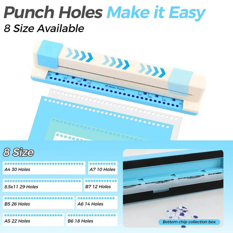 30 Hole Paper Punch For Discbound Notebooks And Journals With Loose Leaf Compatibility Adjustable Spiral Hole Puncher That Handles Up To 5 Sheets Works With A4 A5 B5 B6 A6 And More Planner Binder Tool For Quick Clean Holes on a white and blue background