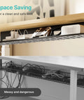 Under Desk Cable Management Tray 31.5 Inch Metal Cord Organizer Rack with power strips and wires mounted under a desk