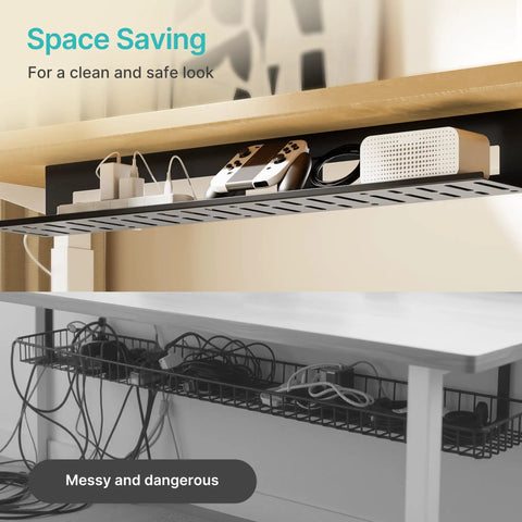 Under Desk Cable Management Tray 31.5 Inch Metal Cord Organizer Rack with power strips and wires mounted under a desk
