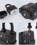 Waterproof black padlock shown from different angles with water droplets, part of the 4 Inch Stainless Steel Hasp Latch With Padlock Keys And Screws kit