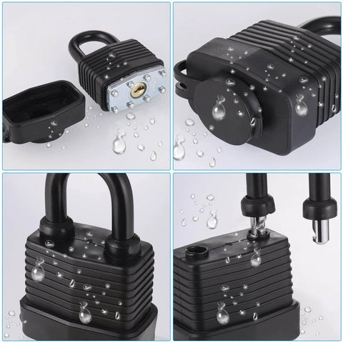 Waterproof black padlock shown from different angles with water droplets, part of the 4 Inch Stainless Steel Hasp Latch With Padlock Keys And Screws kit