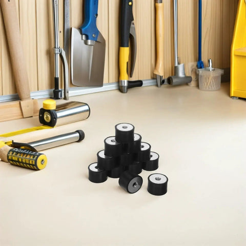 Rubber Shock Absorber Mounts For Noise Reduction And Vibration Damping In Industrial And Factory Environments 12 Pack With Heavy Duty Double Ended Threaded Cylindrical Design Durable Anti Vibration Feet And Washers, black rubber mounts