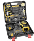Heavy Duty Workhorse 20V Cordless Drill And Driver Tool Kit With 10Mm Keyless Chuck Includes Lithium Ion Battery, accessories organized in durable case.