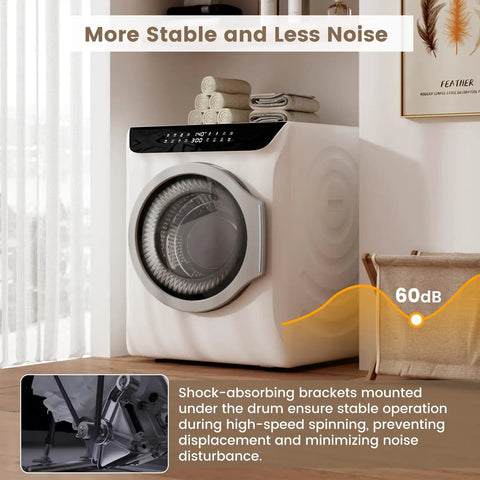 No Sweat Portable Washer And Dryer Combo Set, 28 Lb Full Automatic Washing Machine with 60dB noise and shock-absorbing features.