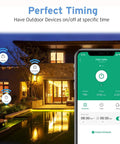 Outdoor Two Socket Smart Plug WiFi Outlet With Alexa And Google Home Compatibility displayed on smartphone app with lit patio.