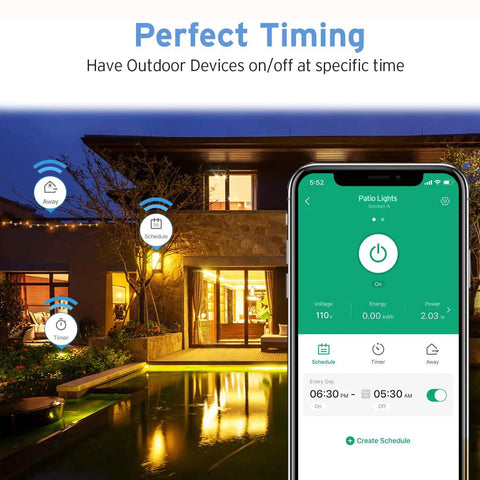 Outdoor Two Socket Smart Plug WiFi Outlet With Alexa And Google Home Compatibility displayed on smartphone app with lit patio.