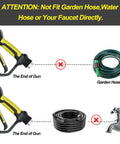 Diagram showing pressure washer gun not fitting garden hose or faucet directly. Beefed-Up 3600 PSI Pressure Washer Gun warning.