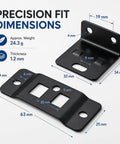 Precision fit dimensions of heavy-duty steel brackets for eight pack quick fitting furniture joint brackets with screws.