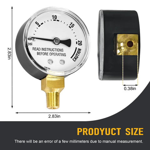 Front view of pressure canner gauge replacement for Presto, brass threaded connector, black housing, 0 to 20 psi dial.