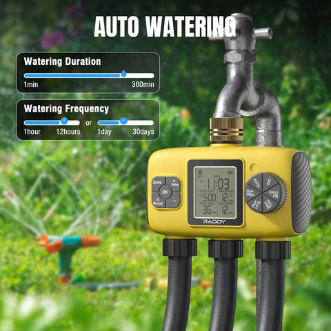 Three Zone Sprinkler Timer For Outdoor Irrigation, Beefy Heavy Duty Controller attached to faucet with garden background