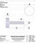 Four Pack Size 8-32 Thread 1 Inch Long Stainless Thumb Screws With Grippy Black Knurled Round Knobs dimensions diagram.
