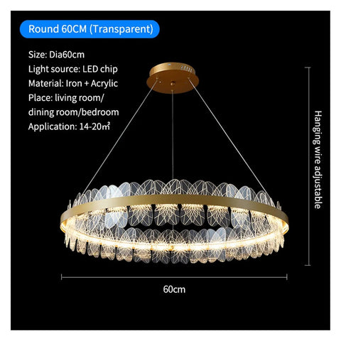 Nordic LED Round Frosted/Engraved Modern Pendant Light Remote Control Dimming for Living Room Bedroom Restaurant (Colour: Oval-White Size: Dimmable) (D60 cm Transparent Neutral Light) viewed from the side showing 60cm diameter and adjustable hanging wires.