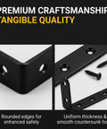 Top Notch Rock Solid Heavy Duty Black Cold Rolled Steel L Brackets 5 X 3 Inch with rounded edges and included screws, showcasing craftsmanship.