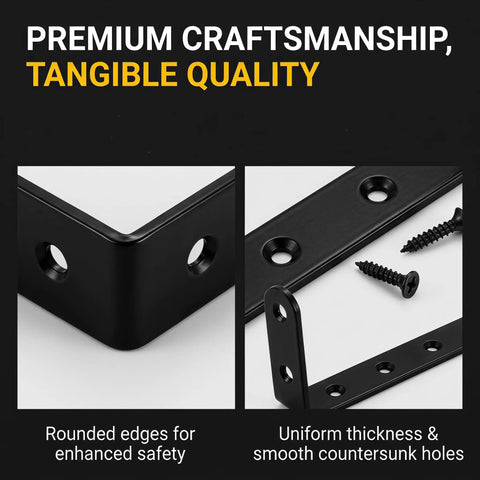 Top Notch Rock Solid Heavy Duty Black Cold Rolled Steel L Brackets 5 X 3 Inch with rounded edges and included screws, showcasing craftsmanship.