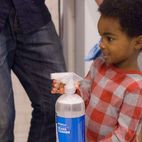 Child holding Streak Free Glass Cleaner Spray For Windows, Mirrors, Screens And Shower Doors, Removes Fingerprints Dust And Dirt, Unscented Formula, Multi Surface Cleaner, 32 Oz Pack Of 2