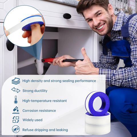 Plumber using Premium PTFE Plumbers Tape 6 Roll Pack Teflon Thread Seal Tape High Density Sealant For Shower Heads And Water Pipes Must Have Leak Proof Half Inch By 394 Inch Each Roll under a sink