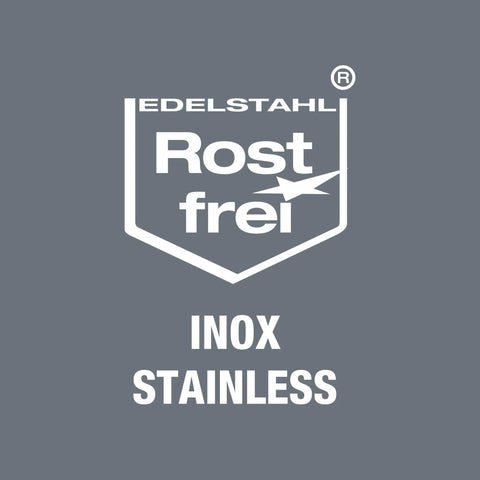Text image displaying 'EDELSTAHL Rostfrei INOX STAINLESS' on gray background.