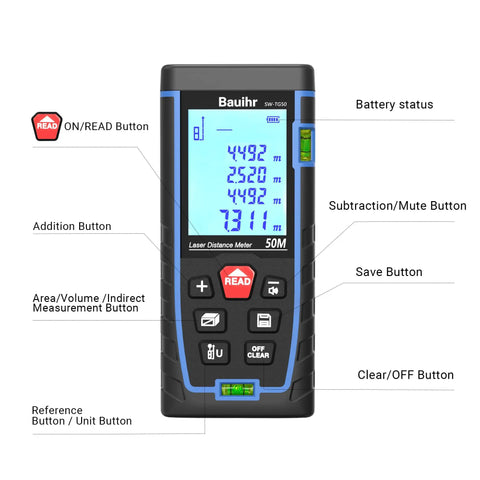 165 Feet Laser Distance Meter With Pythagorean Mode For Quick No Fuss Measurements Of Distance Area And Volume IP54 Dust And Water Resistant Two Bubble Levels Large Backlit LCD Display For Easy Readouts, front view