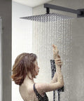 10-Inch Ceiling Mount Rainfall Shower System with All-Metal Handheld Sprayer in Matte Black, features gentle rainfall effect.