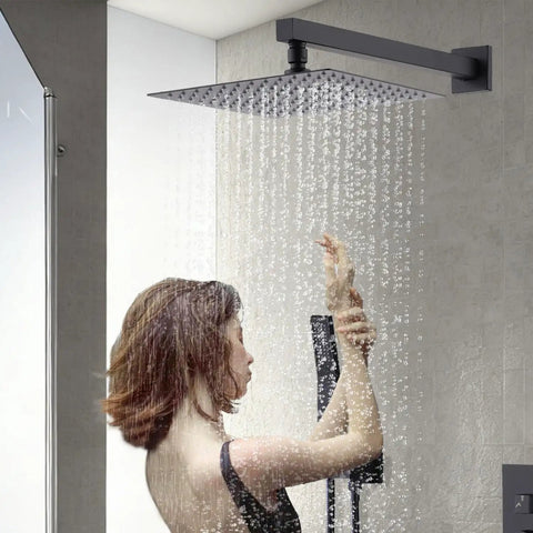 10-Inch Ceiling Mount Rainfall Shower System with All-Metal Handheld Sprayer in Matte Black, features gentle rainfall effect.