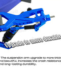 Beefed Up Alloy Front And Rear Suspension Arms With Steering Blocks Caster Blocks Hubs Stub Axle Carriers Turnbuckles And Camber Link Sets In Navy Blue For 1 To 10 Rustler VXL And Stampede VXL 2WD Upgrades. Navy blue suspension arm