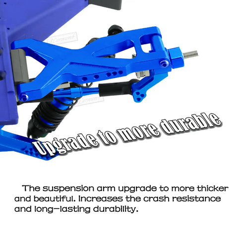 Beefed Up Alloy Front And Rear Suspension Arms With Steering Blocks Caster Blocks Hubs Stub Axle Carriers Turnbuckles And Camber Link Sets In Navy Blue For 1 To 10 Rustler VXL And Stampede VXL 2WD Upgrades. Navy blue suspension arm
