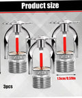 Three Pack Pendant Style Fire Sprinkler Heads Quick Response Sixty Eight Degree Water Spray Down product size dimensions, chrome finish.