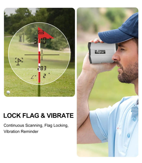 Man using High Performance Golf Rangefinder With Slope Magnetic Mount 1100 Yard Range 6X Magnification Flag Pole Lock Vibration on course