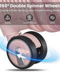 Close-up of double spinner wheels on the All In One 3 Piece Luggage Set With 16 Inch Front Opening Carry On, showing 360-degree rotation.