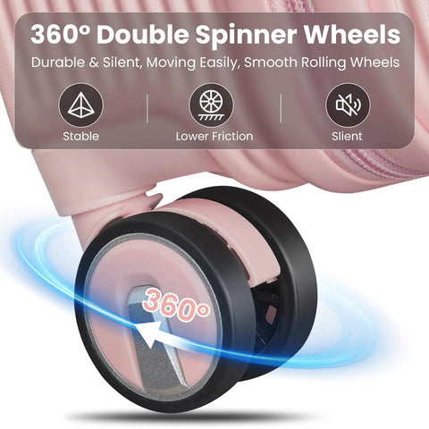 Close-up of double spinner wheels on the All In One 3 Piece Luggage Set With 16 Inch Front Opening Carry On, showing 360-degree rotation.