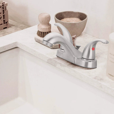 Two Handle Bathroom Sink Faucet With WaterSense Certification In Polished Chrome Slick Curved Design Easy Upgrade For Any Vanity 1.2 GPM Low Flow Modern Look, installed on a bathroom counter