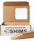 Premium 8 Inch Tapered Kiln Dried Cedar Wood Shims Bulk Contractor Case 560 Count with shims in a box showing split resistant feature.